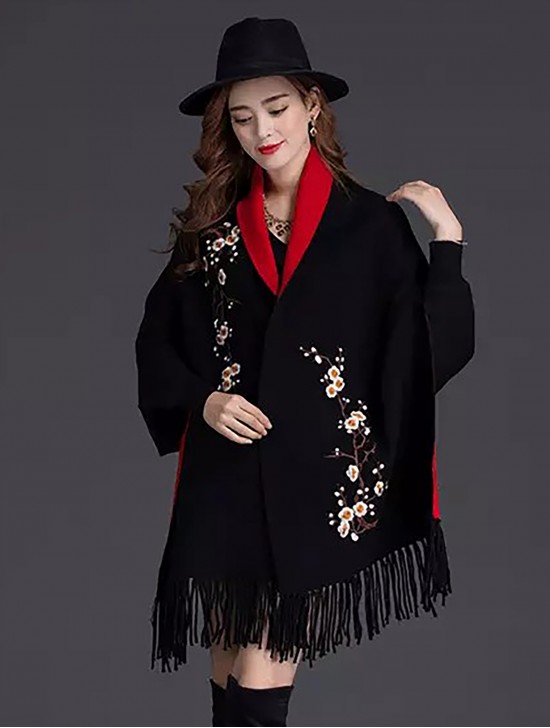 Cashmere Feeling Floral Embroidery Cape W/Sleeves